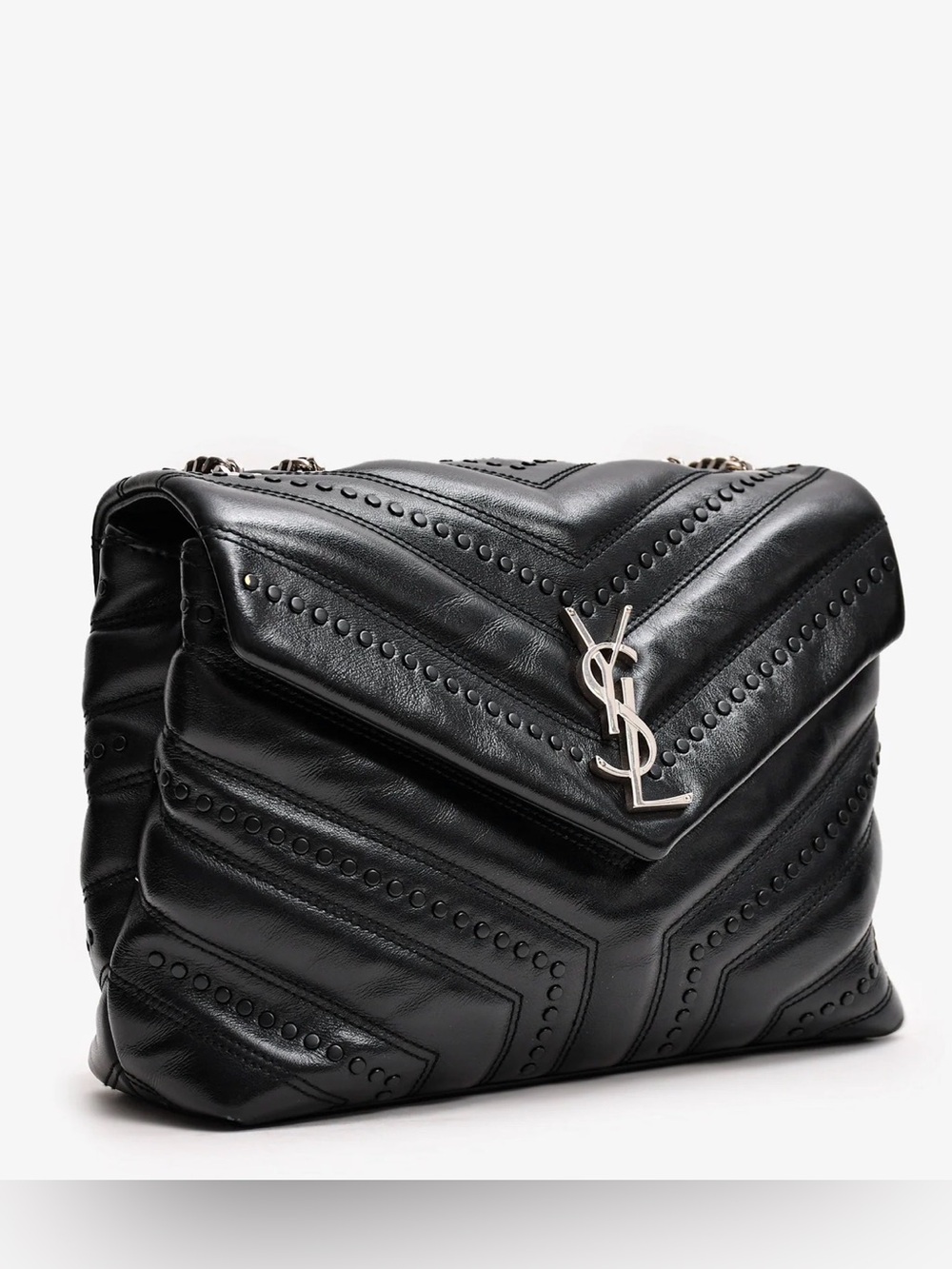 𝑹𝒂𝒓𝒆  Yves Saint Laurent Black Chevron LouLou Small Leather Bag Silver YSL